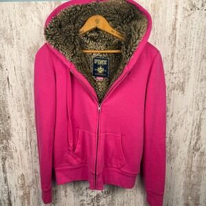 VTG Victorias Secret PINK Faux Fur Lined Hoodie Sequin Logo Pink Zip Up Sz M Y2K